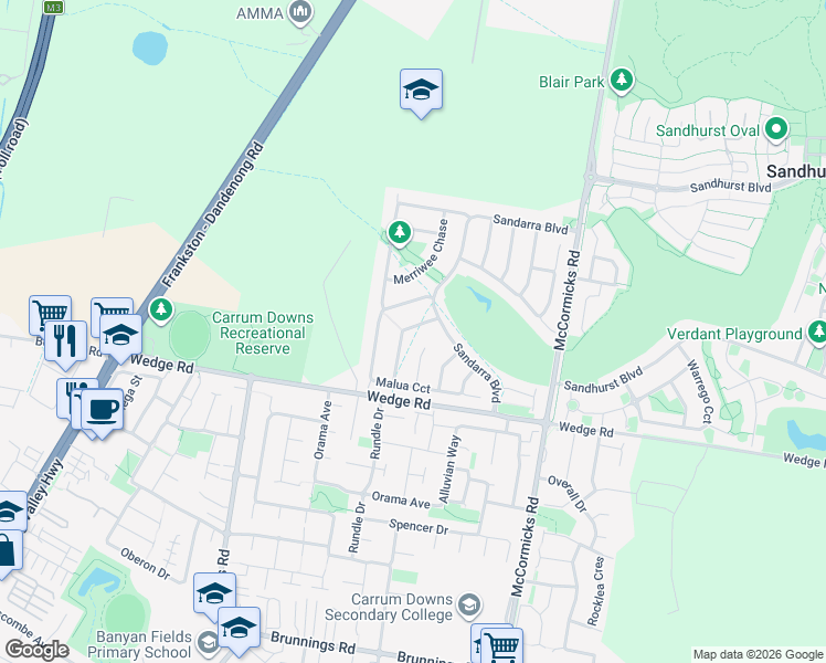 map of restaurants, bars, coffee shops, grocery stores, and more near 7 Tarcoola Way in Sandhurst
