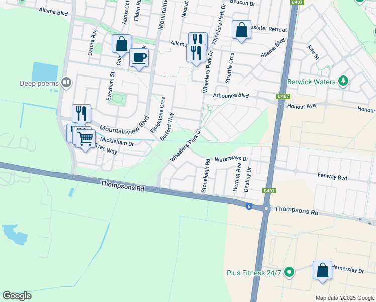 map of restaurants, bars, coffee shops, grocery stores, and more near 4 Waterways Drive in Cranbourne North
