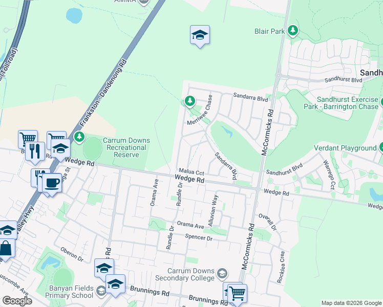 map of restaurants, bars, coffee shops, grocery stores, and more near 13 Tarcoola Way in Sandhurst