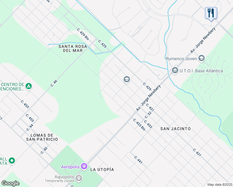 map of restaurants, bars, coffee shops, grocery stores, and more near Calle 433 in Mar del Plata