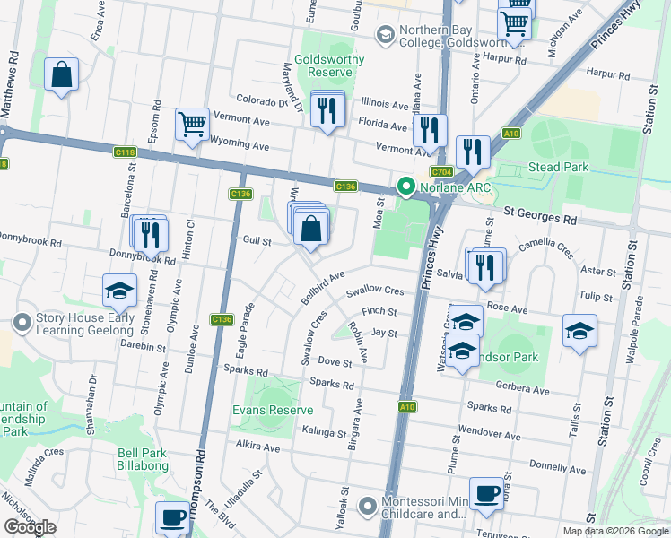 map of restaurants, bars, coffee shops, grocery stores, and more near 42 Bellbird Avenue in Norlane