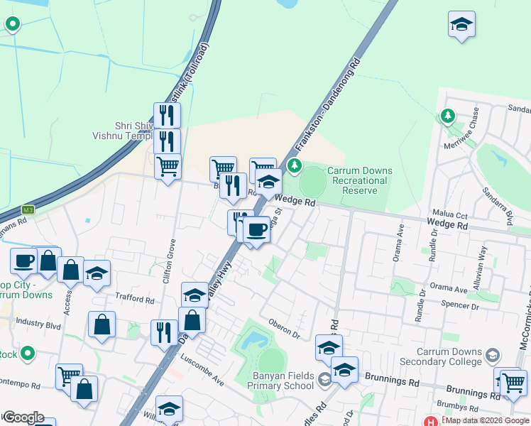 map of restaurants, bars, coffee shops, grocery stores, and more near 11 Myhaven Circuit in Carrum Downs