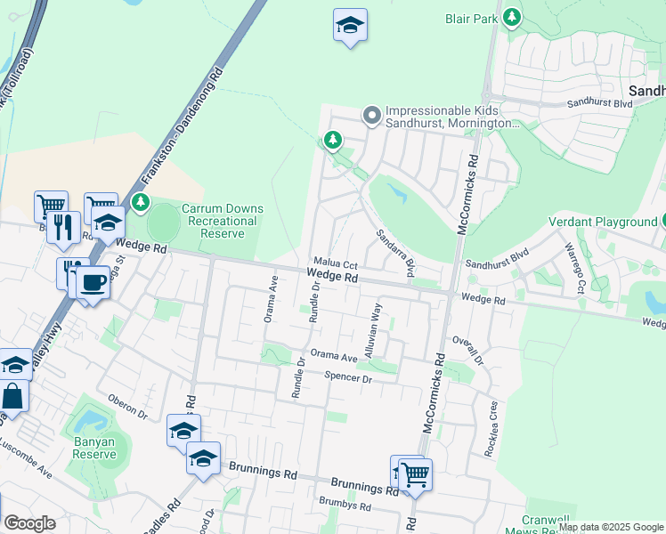 map of restaurants, bars, coffee shops, grocery stores, and more near 67 Malua Circuit in Sandhurst
