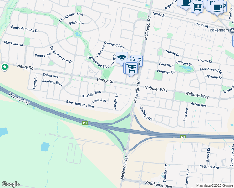 map of restaurants, bars, coffee shops, grocery stores, and more near Jacaranda Way in Pakenham