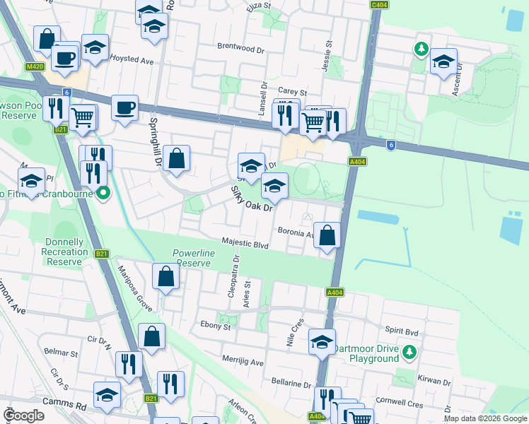 map of restaurants, bars, coffee shops, grocery stores, and more near 4 Silky Oak Drive in Cranbourne