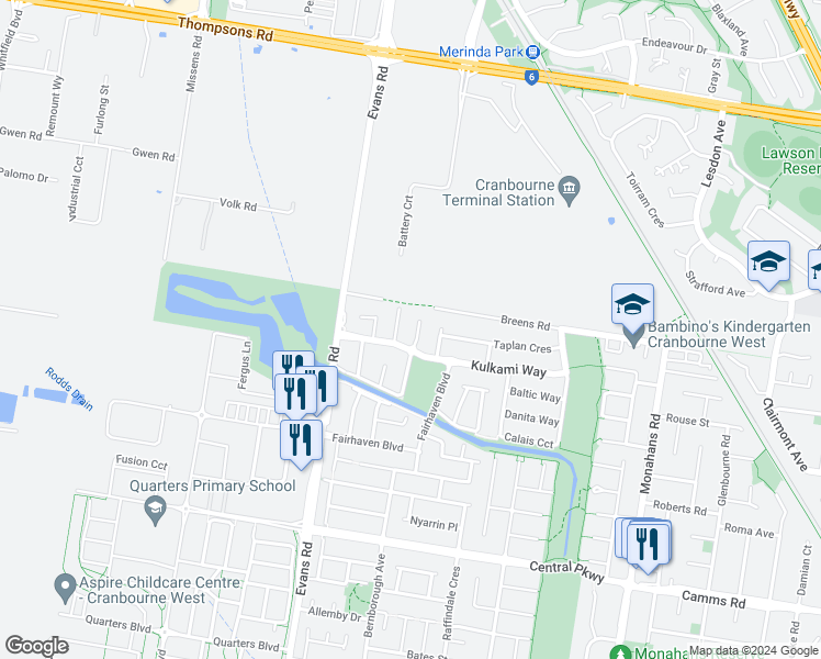 map of restaurants, bars, coffee shops, grocery stores, and more near 3 Nandaly Place in Cranbourne West