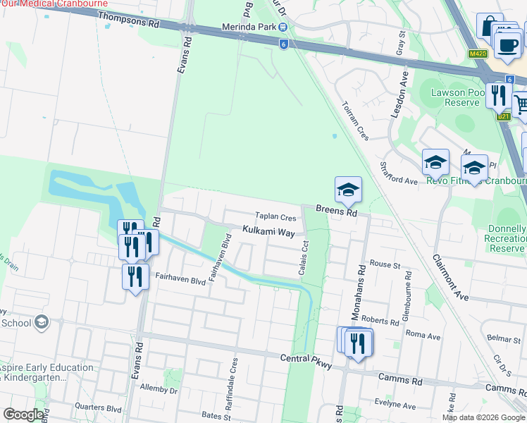 map of restaurants, bars, coffee shops, grocery stores, and more near 37 Taplan Crescent in Cranbourne West