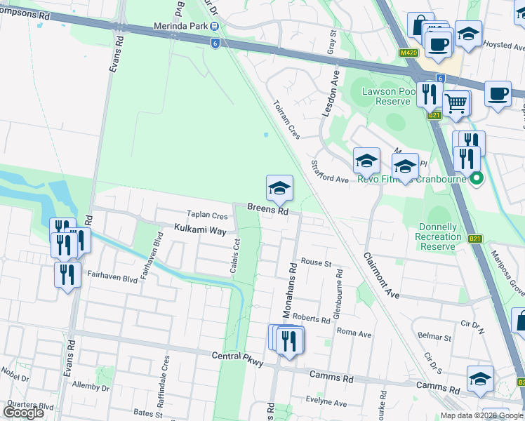 map of restaurants, bars, coffee shops, grocery stores, and more near 95 Breens Road in Cranbourne West