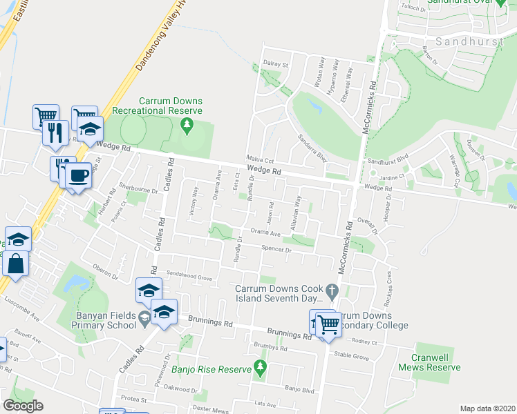 map of restaurants, bars, coffee shops, grocery stores, and more near 2 Janette Court in Carrum Downs