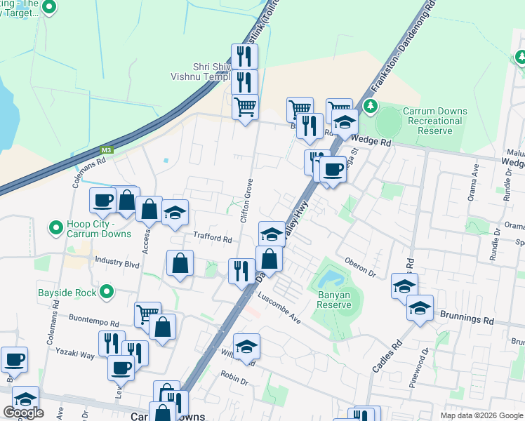 map of restaurants, bars, coffee shops, grocery stores, and more near 12 Gonis Crescent in Carrum Downs