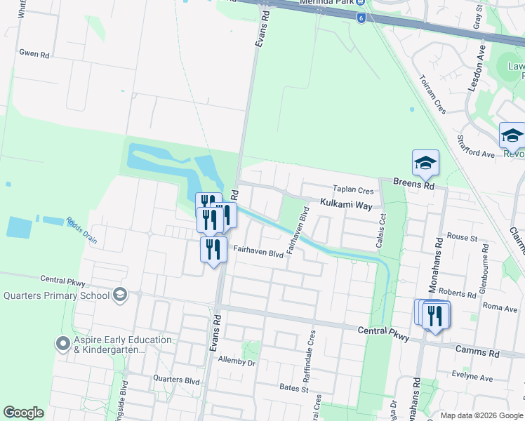 map of restaurants, bars, coffee shops, grocery stores, and more near 20 Pengana Way in Cranbourne West