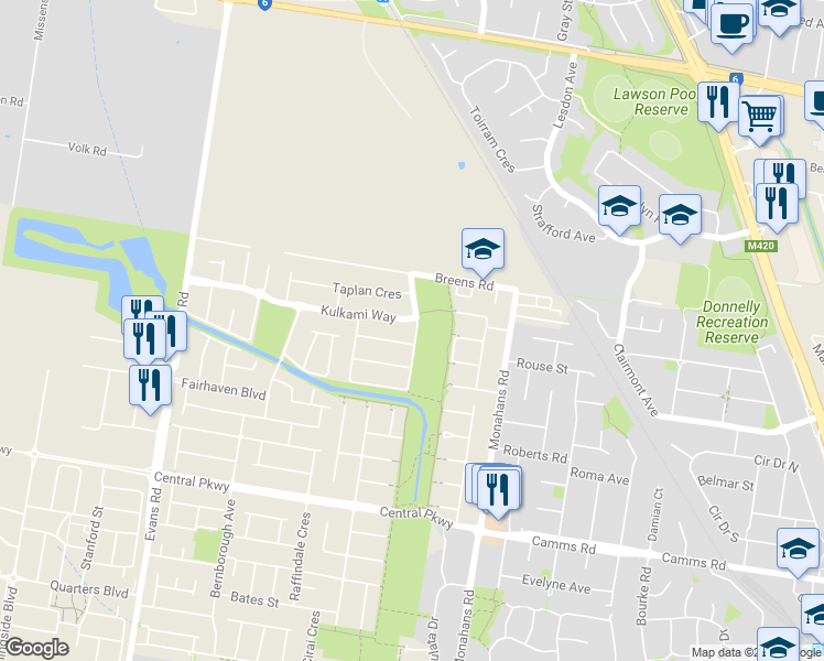 map of restaurants, bars, coffee shops, grocery stores, and more near 23 Calais Circuit in Cranbourne West