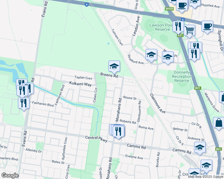 map of restaurants, bars, coffee shops, grocery stores, and more near 19 Amity Way in Cranbourne West