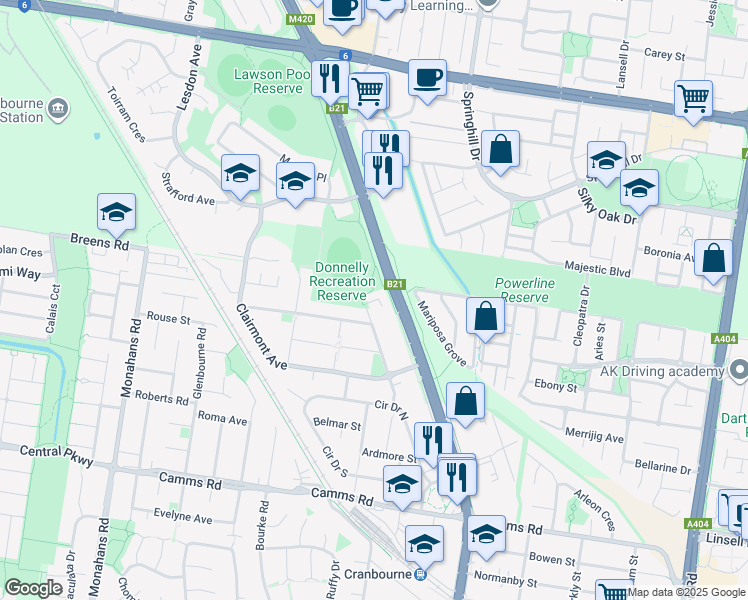map of restaurants, bars, coffee shops, grocery stores, and more near 11 Rose Lane in Cranbourne