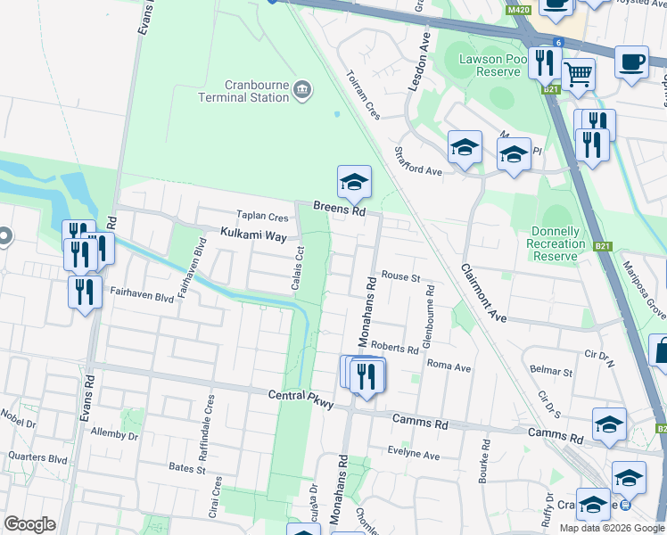 map of restaurants, bars, coffee shops, grocery stores, and more near 8A Amity Way in Cranbourne West