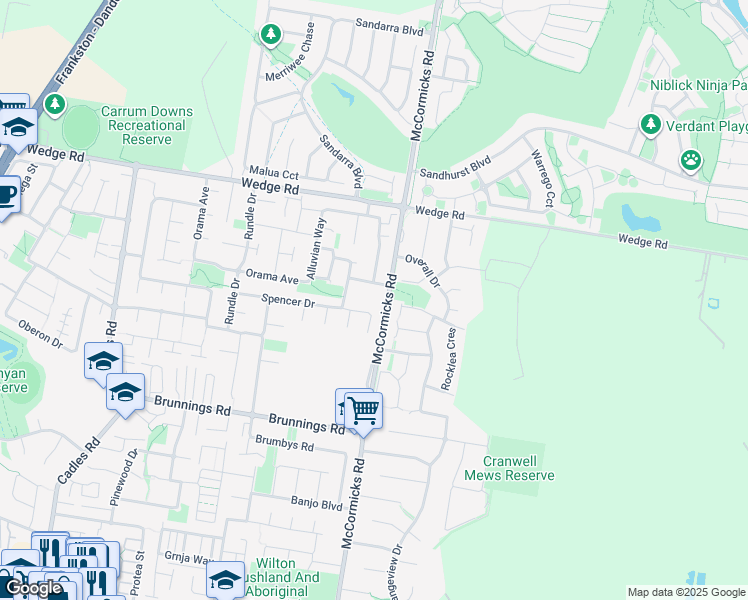map of restaurants, bars, coffee shops, grocery stores, and more near 297 McCormicks Road in Carrum Downs