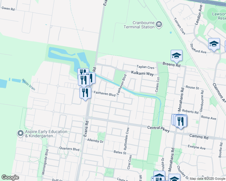 map of restaurants, bars, coffee shops, grocery stores, and more near 11 Mingay Place in Cranbourne West