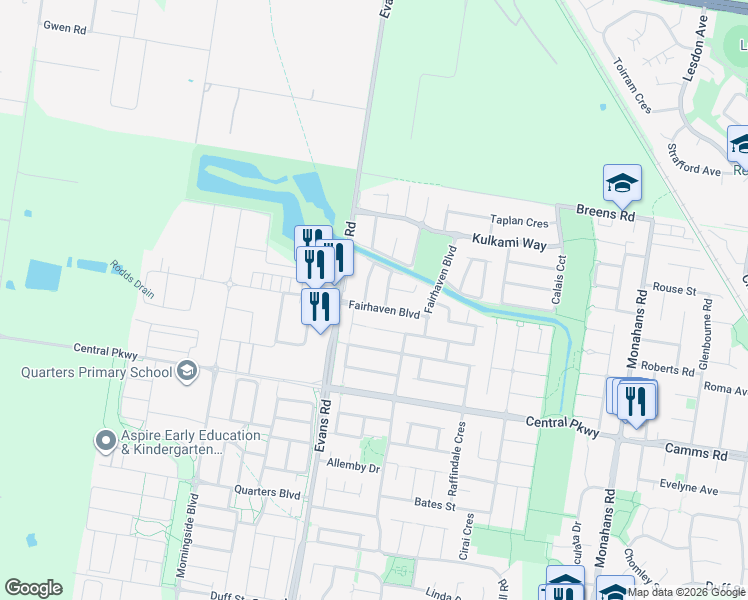 map of restaurants, bars, coffee shops, grocery stores, and more near 8 Fairhaven Boulevard in Cranbourne West