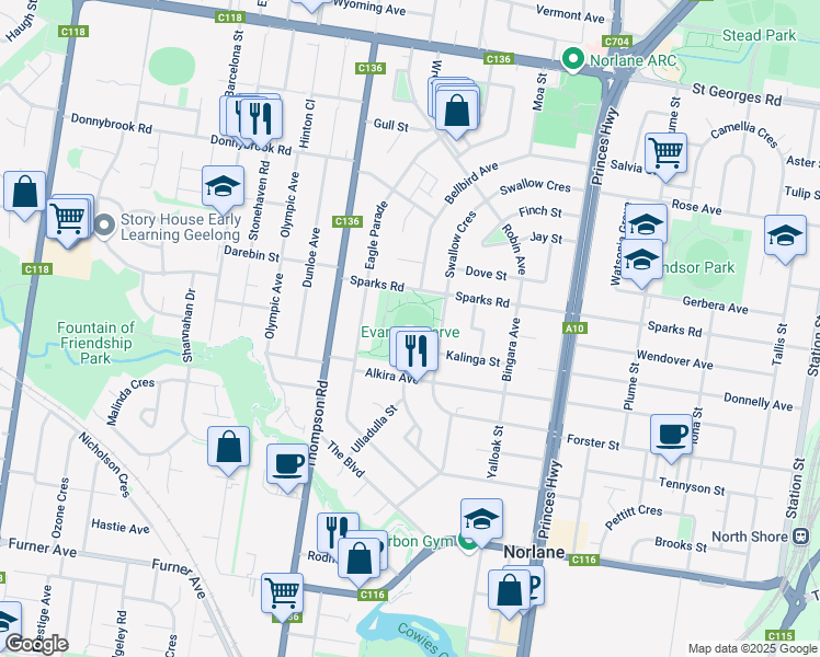 map of restaurants, bars, coffee shops, grocery stores, and more near in Norlane