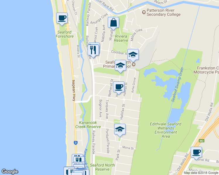 map of restaurants, bars, coffee shops, grocery stores, and more near 11 Netherall Street in Seaford