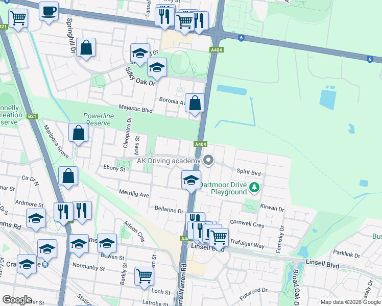 map of restaurants, bars, coffee shops, grocery stores, and more near 4 Luxor Court in Cranbourne