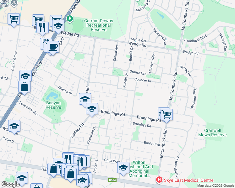 map of restaurants, bars, coffee shops, grocery stores, and more near 33 Sandalwood Grove in Carrum Downs