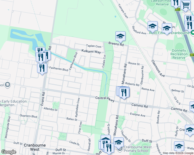 map of restaurants, bars, coffee shops, grocery stores, and more near 6 Ovata Place in Cranbourne West