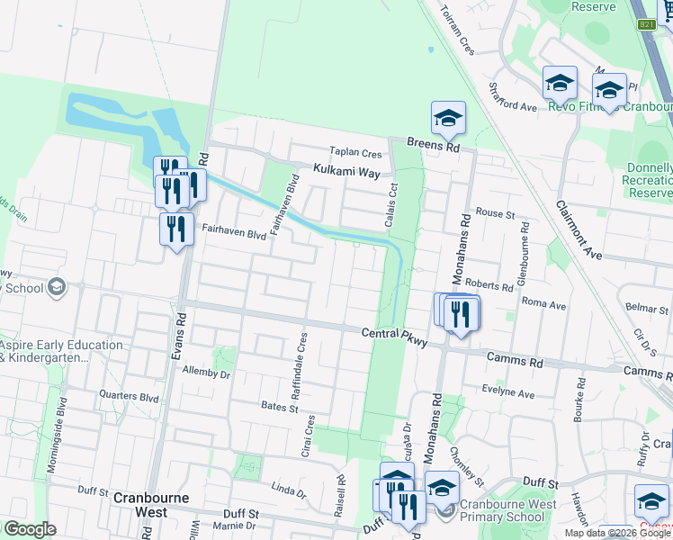 map of restaurants, bars, coffee shops, grocery stores, and more near 10 Middleham Close in Cranbourne West