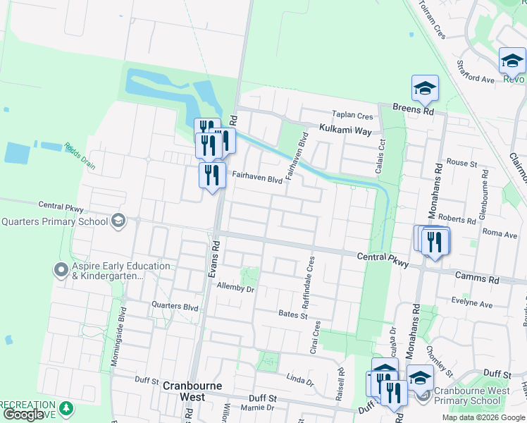 map of restaurants, bars, coffee shops, grocery stores, and more near 19 Miralie Way in Cranbourne West