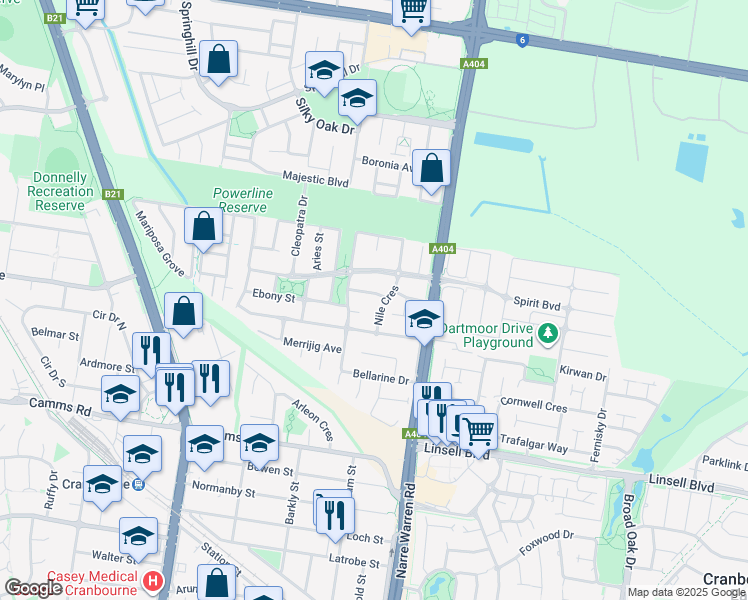 map of restaurants, bars, coffee shops, grocery stores, and more near 3 Orion Avenue in Cranbourne