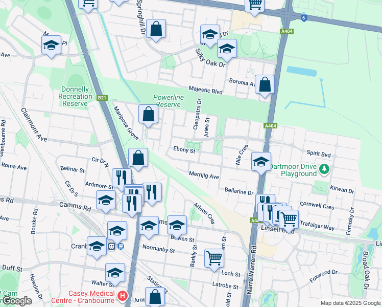map of restaurants, bars, coffee shops, grocery stores, and more near 27 Ebony Street in Cranbourne