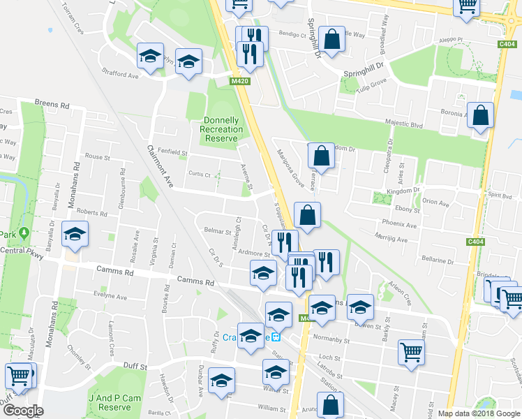 map of restaurants, bars, coffee shops, grocery stores, and more near 2 Averne Street in Cranbourne