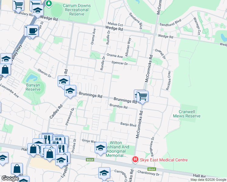 map of restaurants, bars, coffee shops, grocery stores, and more near 20 Carrum Woods Drive in Carrum Downs