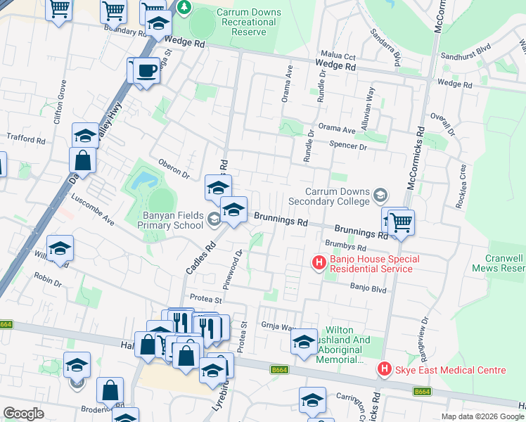 map of restaurants, bars, coffee shops, grocery stores, and more near 15 Brunnings Road in Carrum Downs