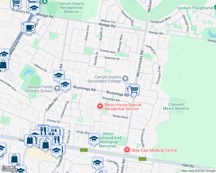 map of restaurants, bars, coffee shops, grocery stores, and more near 20 Carrum Woods Drive in Carrum Downs