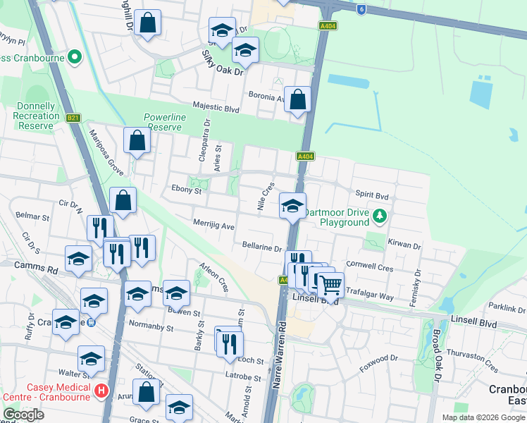 map of restaurants, bars, coffee shops, grocery stores, and more near 14 Phoenix Avenue in Cranbourne