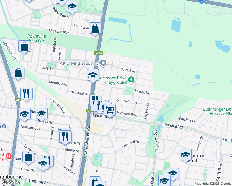 map of restaurants, bars, coffee shops, grocery stores, and more near 6 Cambridge Close in Cranbourne East