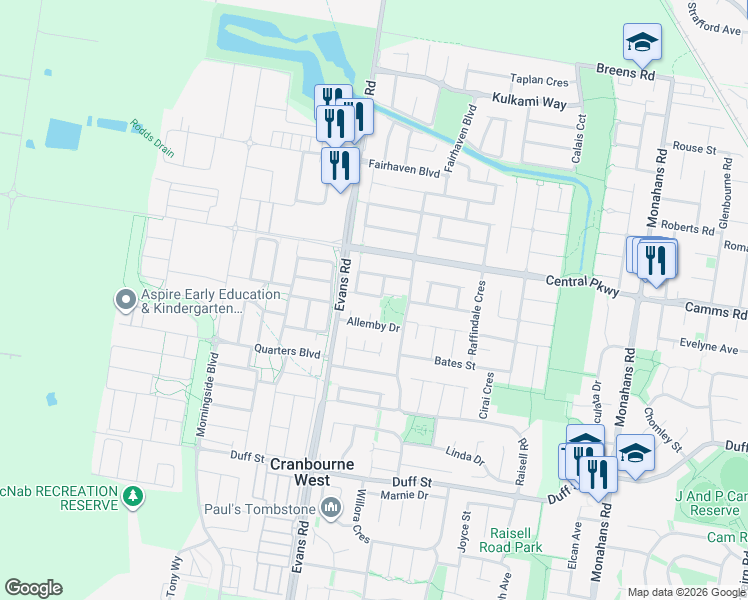 map of restaurants, bars, coffee shops, grocery stores, and more near 50 Merribah Way in Cranbourne West