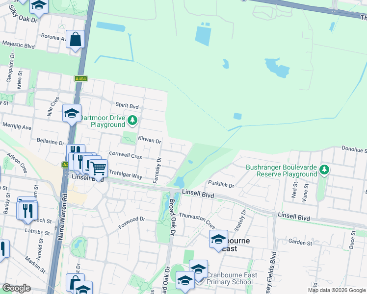 map of restaurants, bars, coffee shops, grocery stores, and more near 8 Roebourne Mews in Cranbourne East