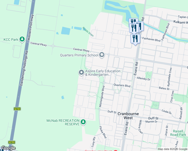 map of restaurants, bars, coffee shops, grocery stores, and more near Grandvista Crescent in Cranbourne West