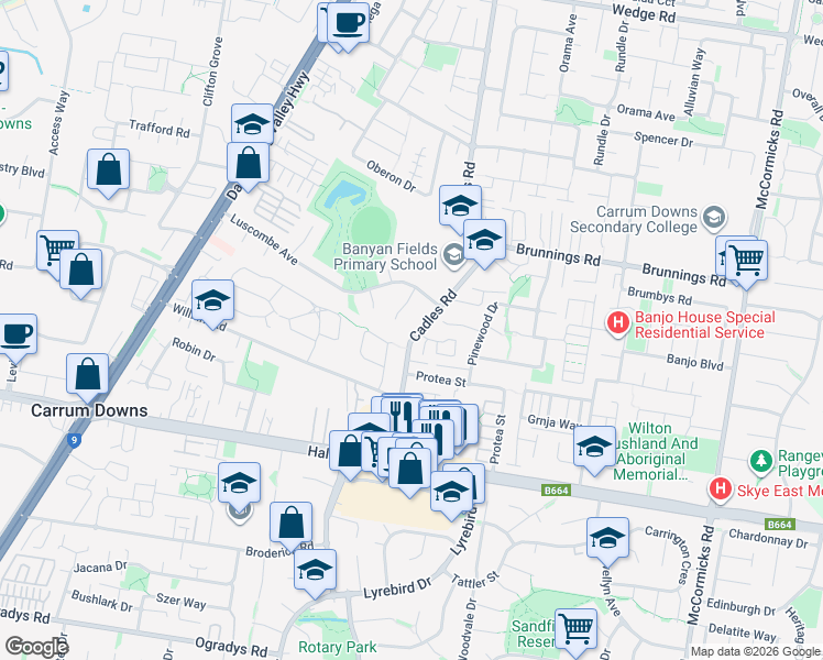 map of restaurants, bars, coffee shops, grocery stores, and more near 46 Cadles Road in Carrum Downs