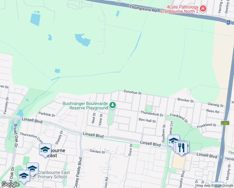 map of restaurants, bars, coffee shops, grocery stores, and more near 7 Brockman Street in Cranbourne East