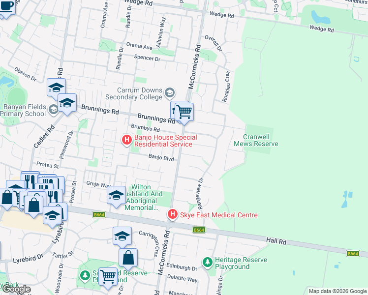 map of restaurants, bars, coffee shops, grocery stores, and more near 226 McCormicks Road in Skye