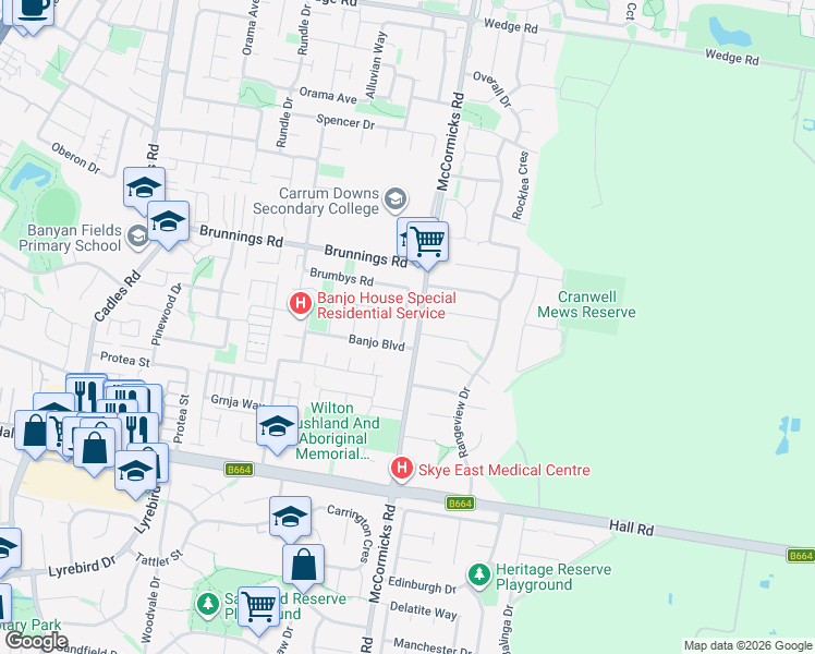map of restaurants, bars, coffee shops, grocery stores, and more near 8 Brumbys Road in Carrum Downs