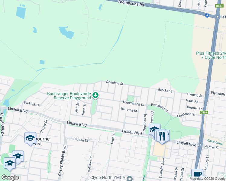 map of restaurants, bars, coffee shops, grocery stores, and more near 9 Dalton Way in Cranbourne East