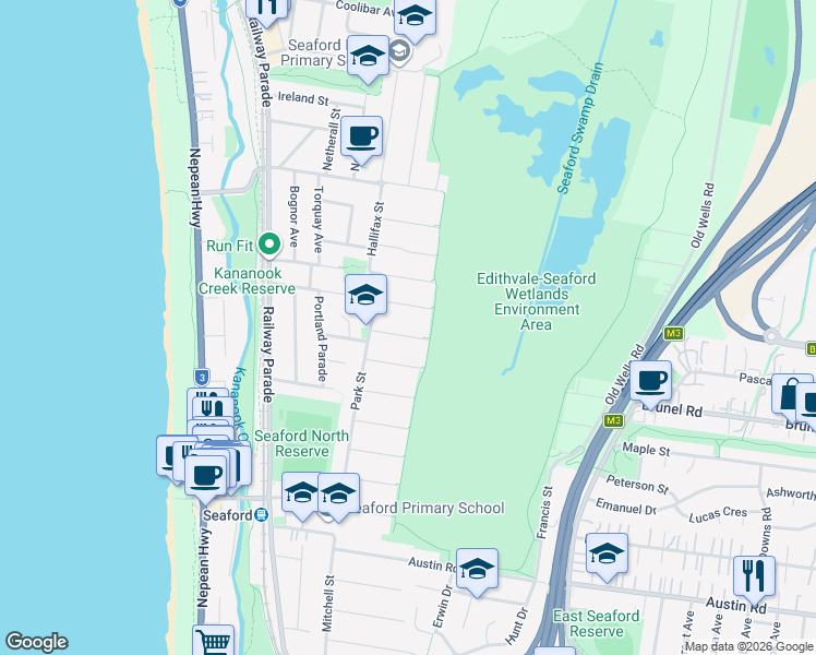 map of restaurants, bars, coffee shops, grocery stores, and more near 11 Margaret Avenue in Seaford