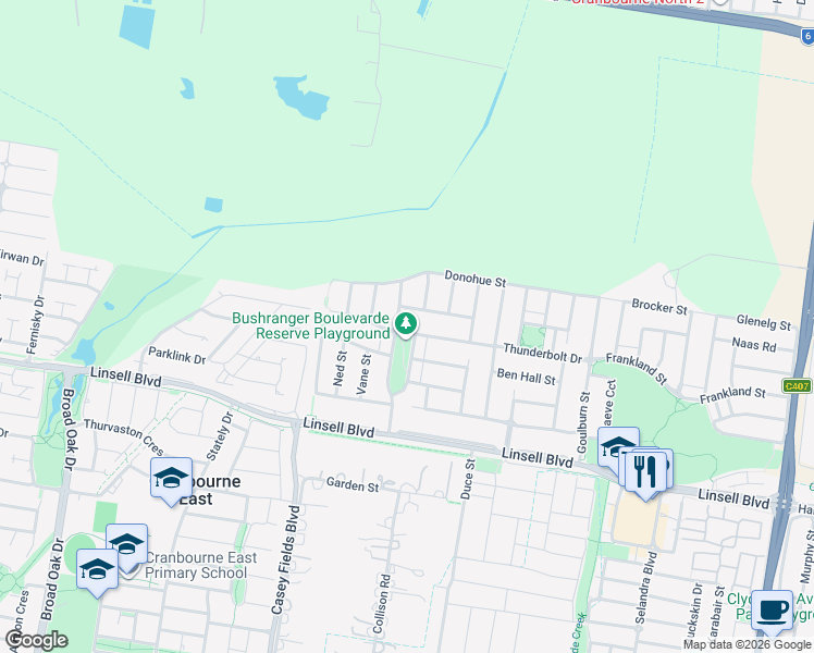 map of restaurants, bars, coffee shops, grocery stores, and more near 28 Thunderbolt Drive in Cranbourne East