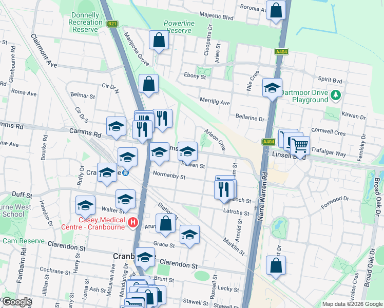 map of restaurants, bars, coffee shops, grocery stores, and more near 126 Camms Road in Cranbourne