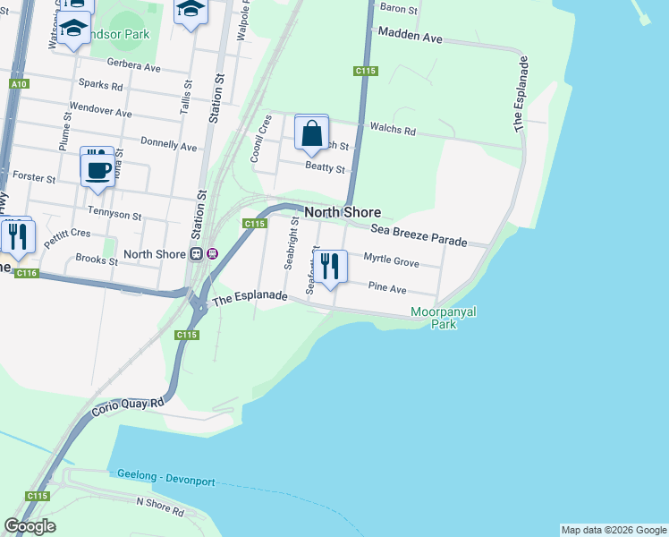 map of restaurants, bars, coffee shops, grocery stores, and more near 17 Seabeach Parade in North Shore
