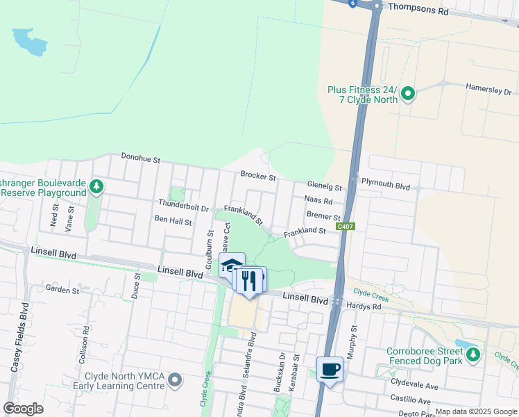 map of restaurants, bars, coffee shops, grocery stores, and more near Esk Street in Clyde North